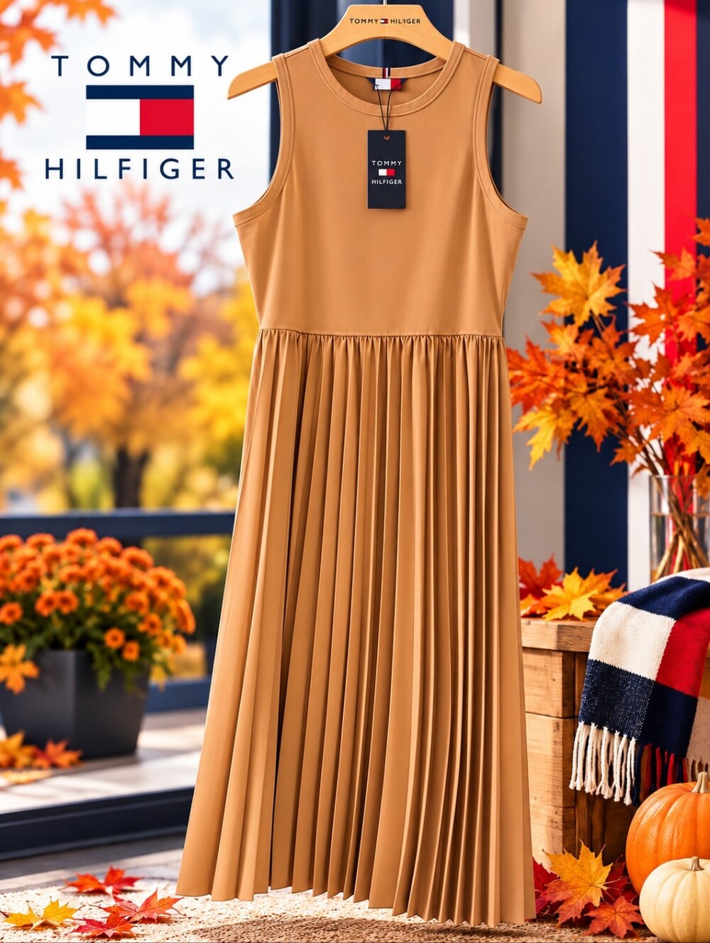 Tommy Hilfiger Mixed-Media Pleated Tank Dress Brown
